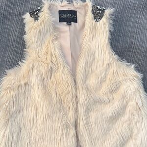 Forever 21 Cream Faux Fur Vest with Embellished Shoulders